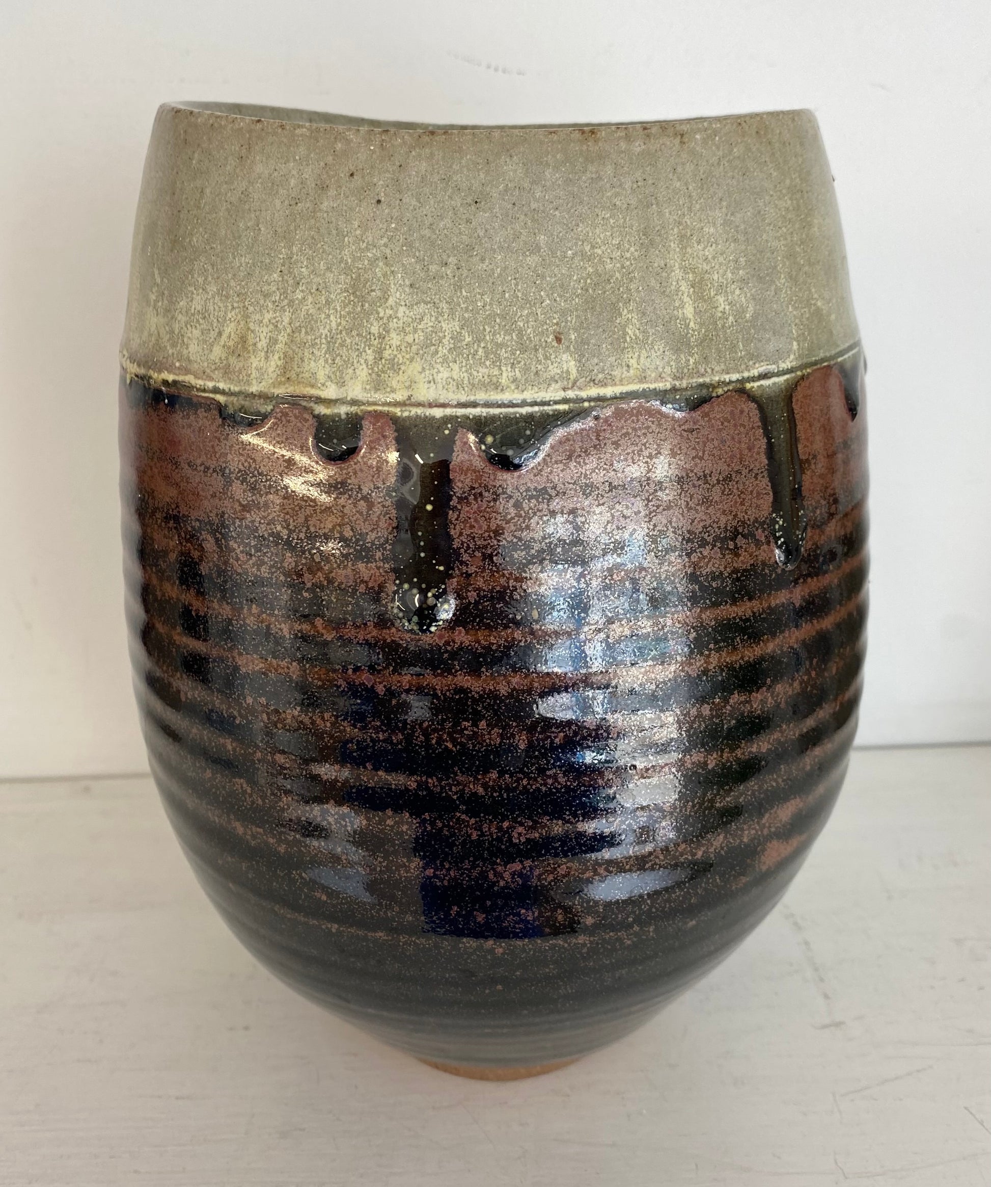 Elliptical full bodied tenmoku stoneware vase  22cm