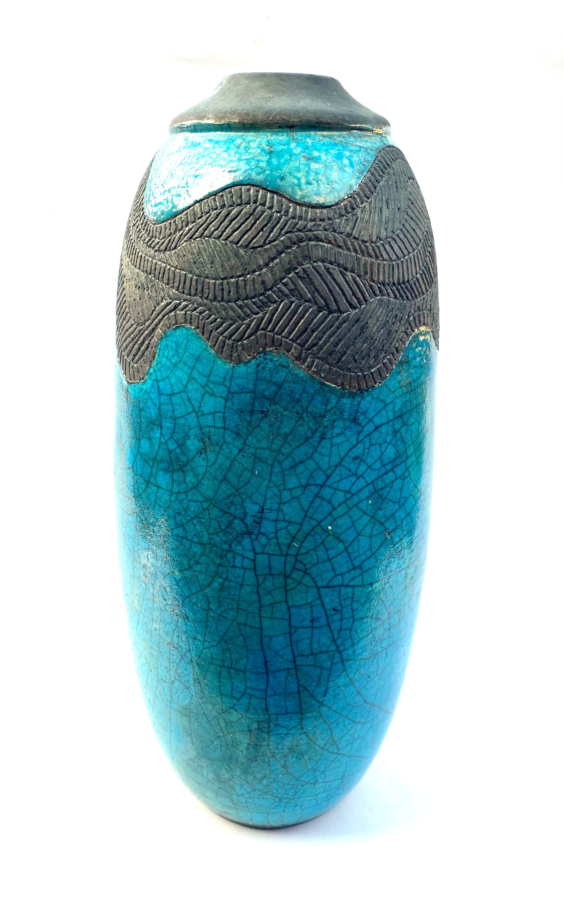 Turquoise and Black patterned scarf pot