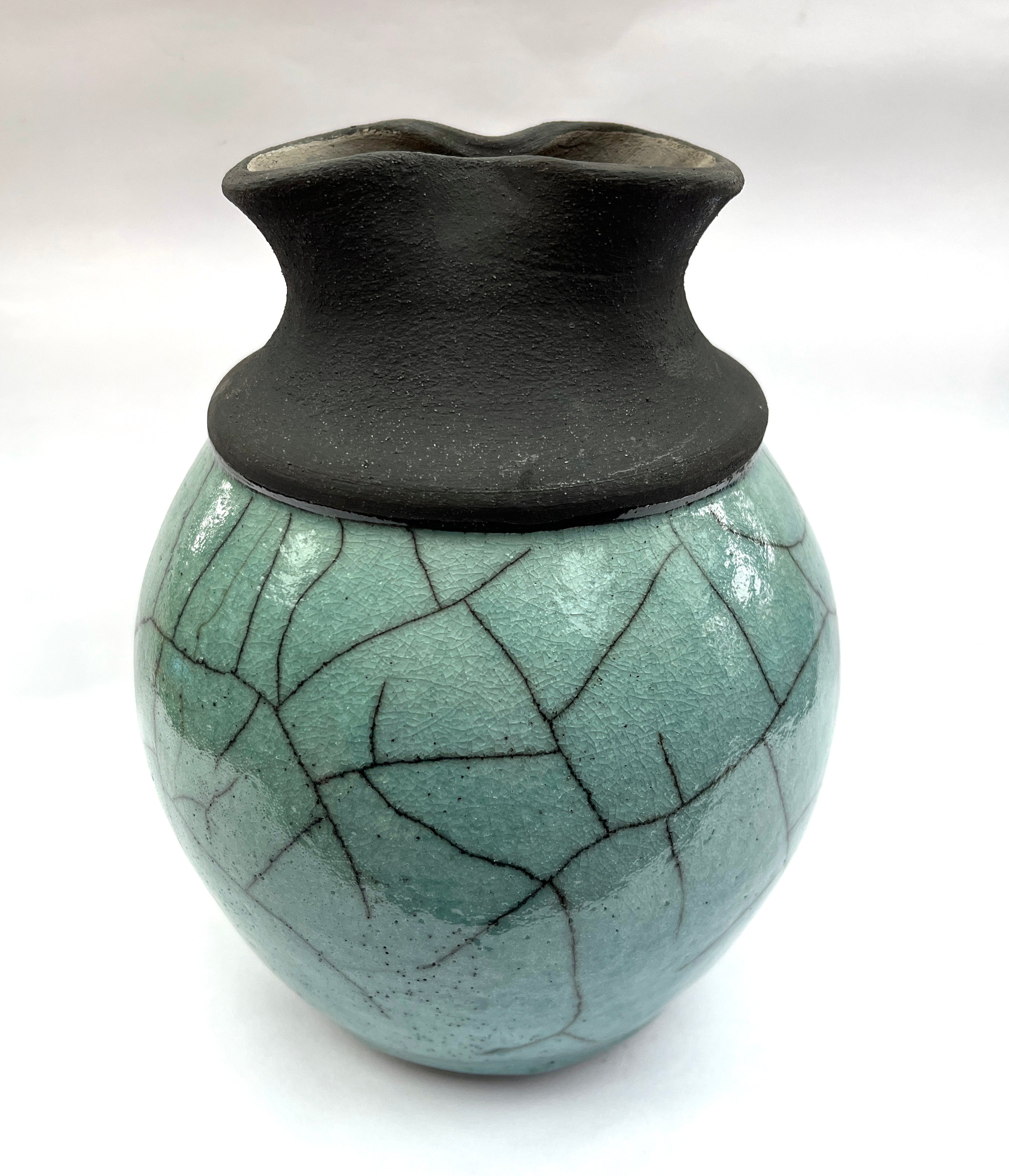 RAKU Crackled green and black raku jar – Cherry Tewfik
